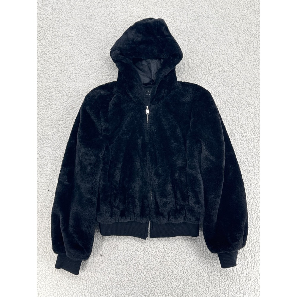 LOVE TREE Faux Fur Hooded Bomber Jacket Black Women Large Short Funky Cozy Y 2K